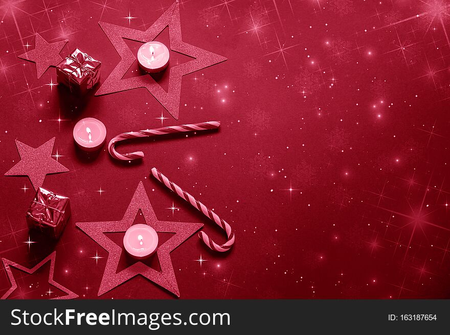 Red  background with christmas decoration. Red  background with christmas decoration