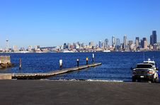 Boat Ramp And Skyline, Seattle Washington. Royalty Free Stock Photography Boat Ramp And Skyline, Seattle Washington. Royalty Free Stock Photography