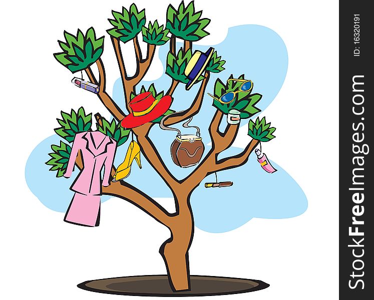 Illustration of a shopping tree clothes hanging. Illustration of a shopping tree clothes hanging