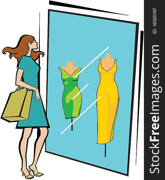 Woman standing outside a clothing store with shopping bag. Woman standing outside a clothing store with shopping bag