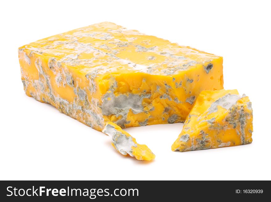 Cheese and a slice of cheese with mould. Isolated on white background. Cheese and a slice of cheese with mould. Isolated on white background