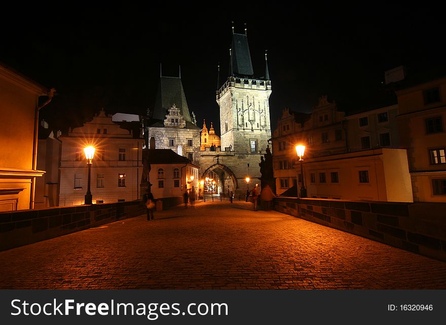 On Charles Bridge in Prague at Night