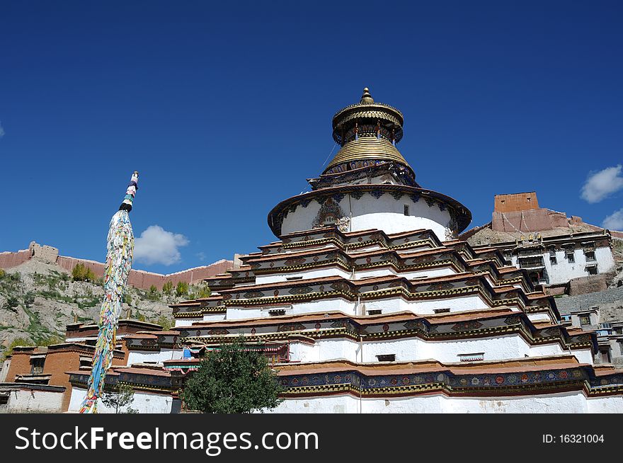 Scenery of a grand pagoda(stupa) in a famous lamasery,Tibet. Scenery of a grand pagoda(stupa) in a famous lamasery,Tibet