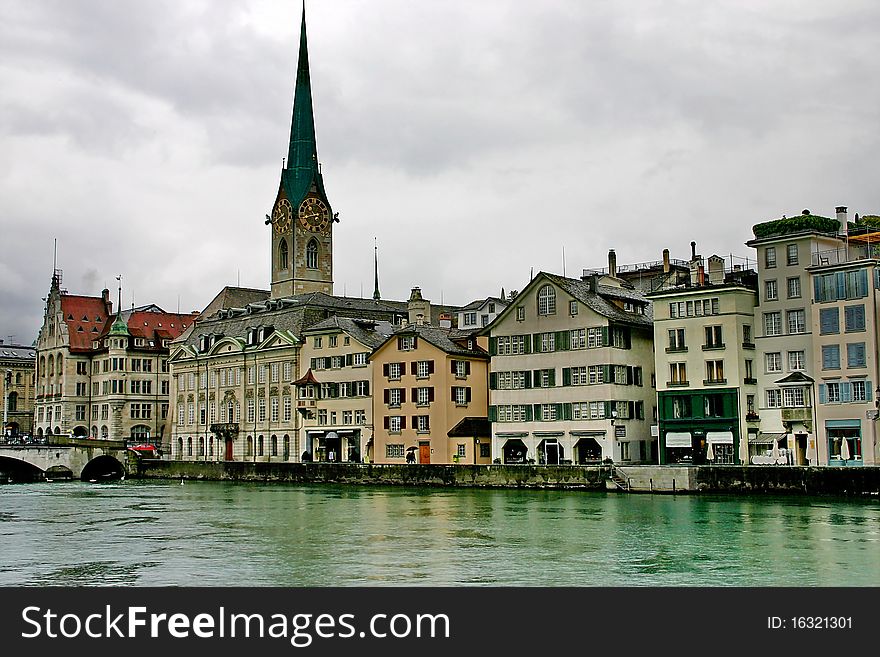 Zurich. The bund of river Limmat in rainy weather