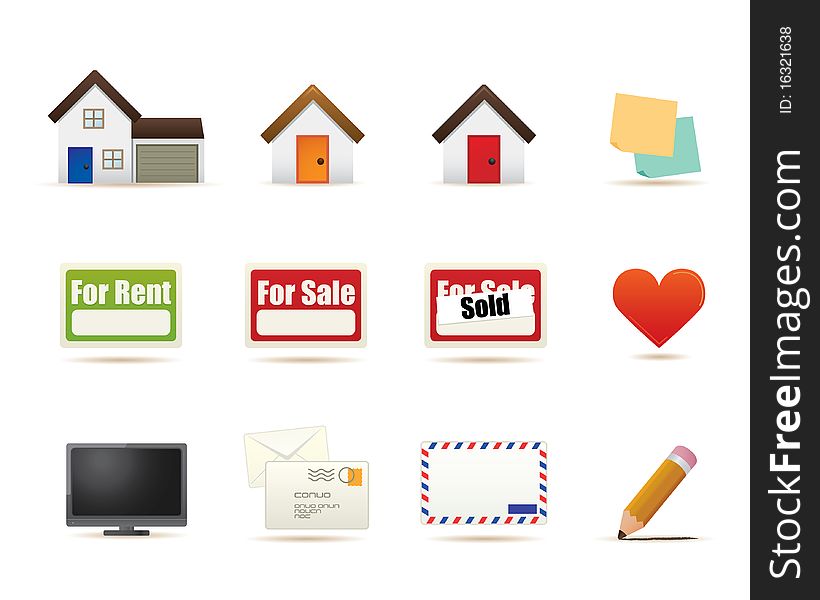 Set of housing illustration icons including house, sign, mail, note elements. Set of housing illustration icons including house, sign, mail, note elements