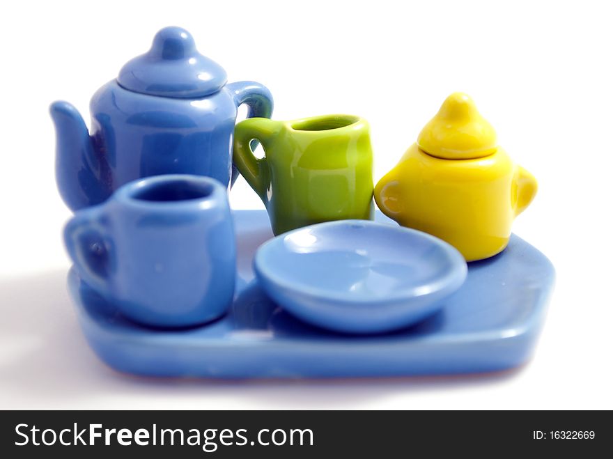 Colorful set of dishes. children`s toy. isolated