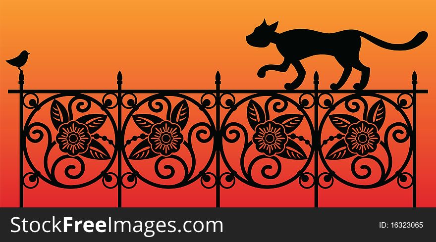 The Cat is hunting for the little bird sitting on the decorative fence. Silhouette  illustration. The Cat is hunting for the little bird sitting on the decorative fence. Silhouette  illustration.