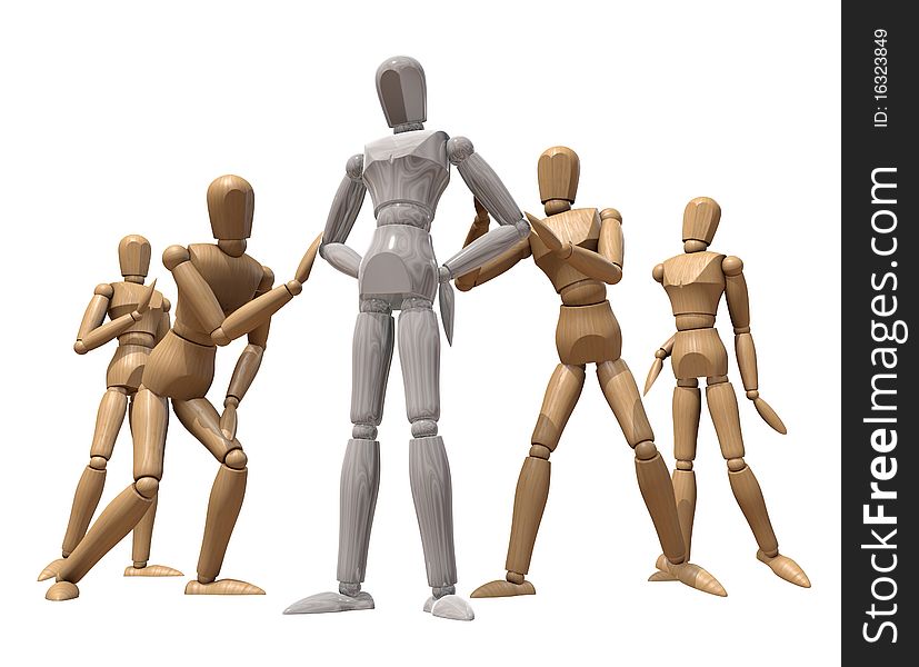Several wooden mannequins on a white background. Several wooden mannequins on a white background