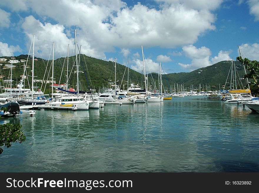 Island of Tortola harbor with yachts