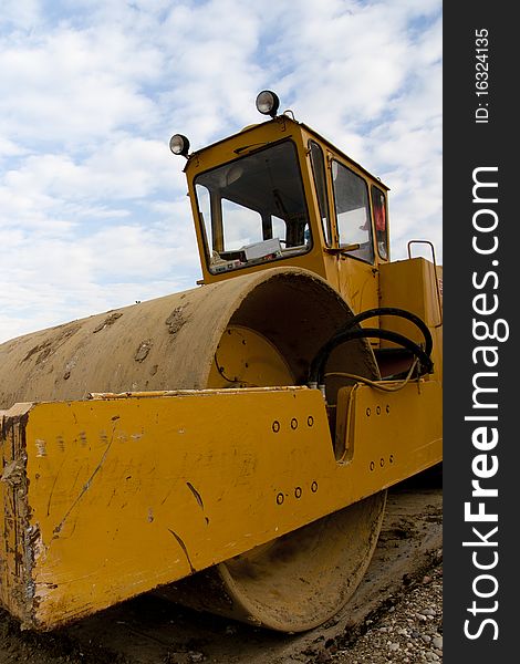 Yellow Roller closeup on a construction site