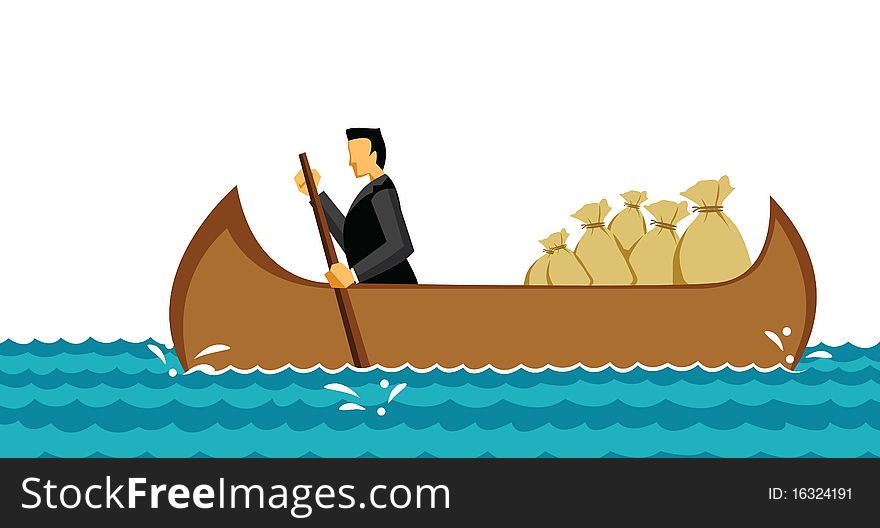 Businessman traveling in an boat with money bags in the sea. Businessman traveling in an boat with money bags in the sea