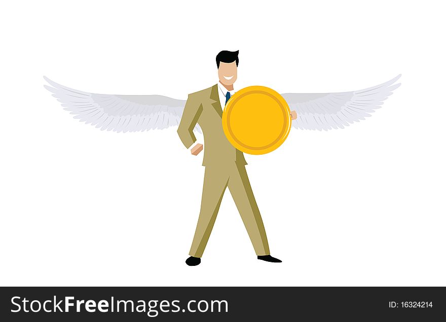 Business angel flying with a coin. Business angel flying with a coin