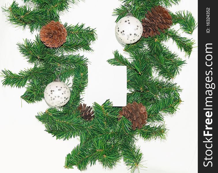 Spruce branches with Christmas balls on white background. //. Spruce branches with Christmas balls on white background. //