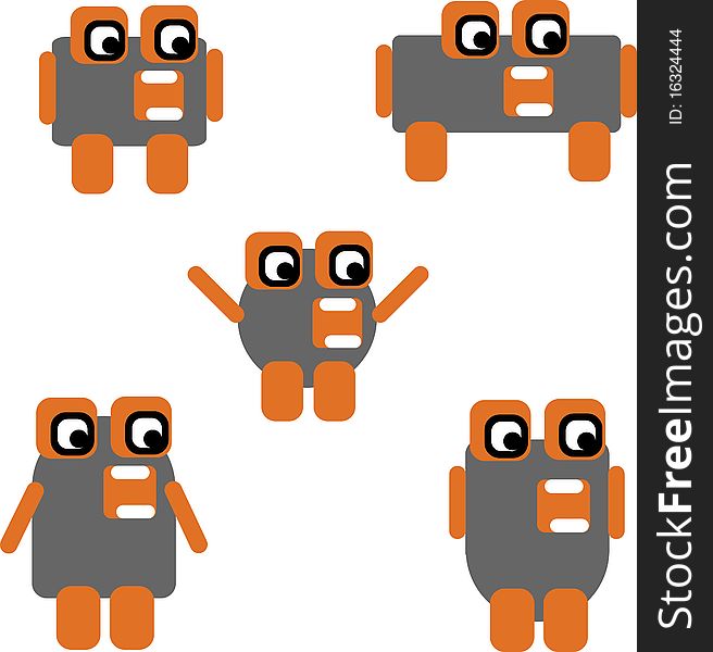 Five robots in different poses in orange and grey color, ideal for t-shirt design. Five robots in different poses in orange and grey color, ideal for t-shirt design