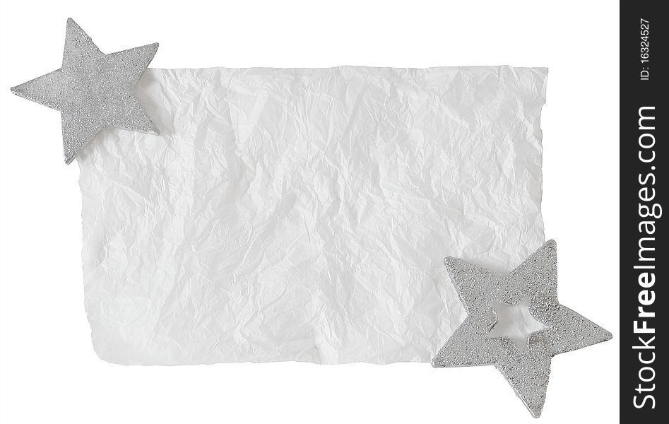 Christmas background - white crumpled paper and glass stars. Isolated. Christmas background - white crumpled paper and glass stars. Isolated