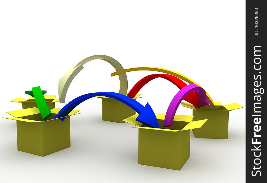 3d image of arrows jumping from box to box. 3d image of arrows jumping from box to box