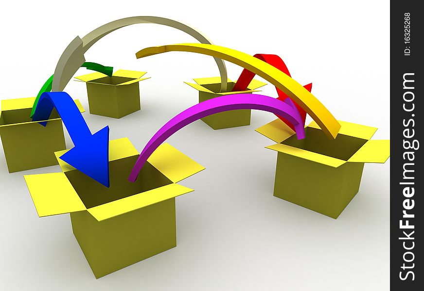 3d image of arrows jumping from box to box. 3d image of arrows jumping from box to box