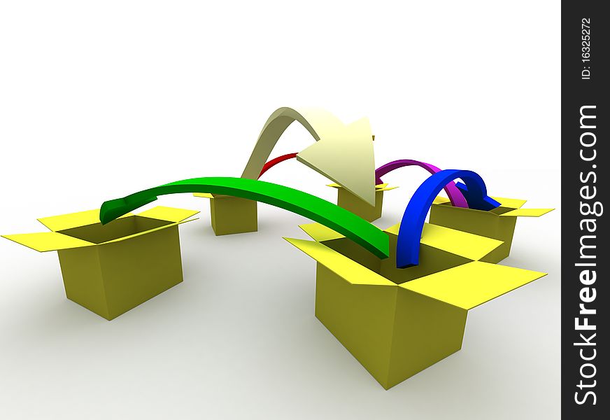 3d image of arrows jumping from box to box. 3d image of arrows jumping from box to box