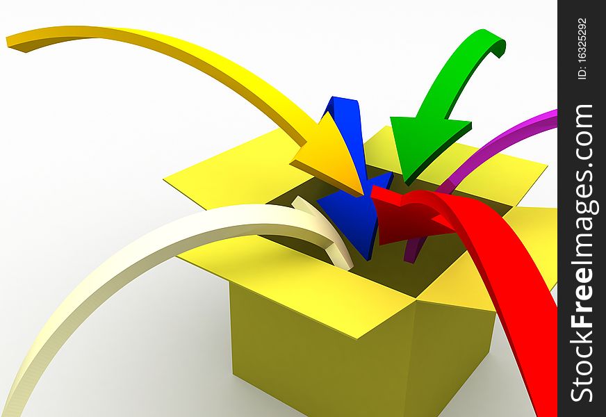 3d image of colorful arrows jumping into the box