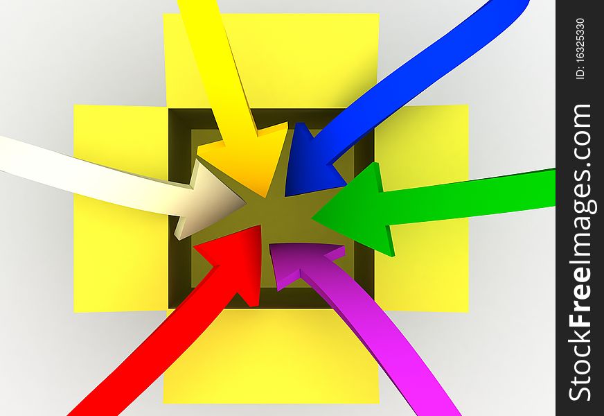 3d image of colorful arrows jumping into the box