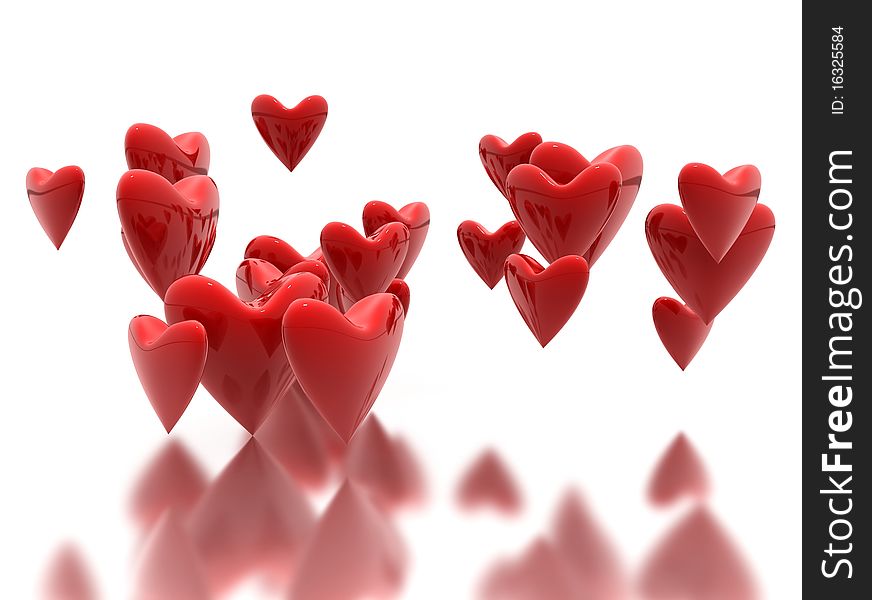 3D render of many red velvet hearts. High resolution, high quality background perfect for greeting cards.