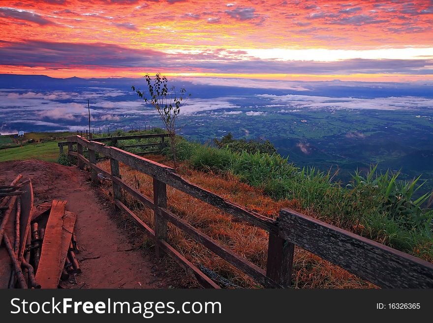 Viewpoint with fence and beautiful sky sunrise