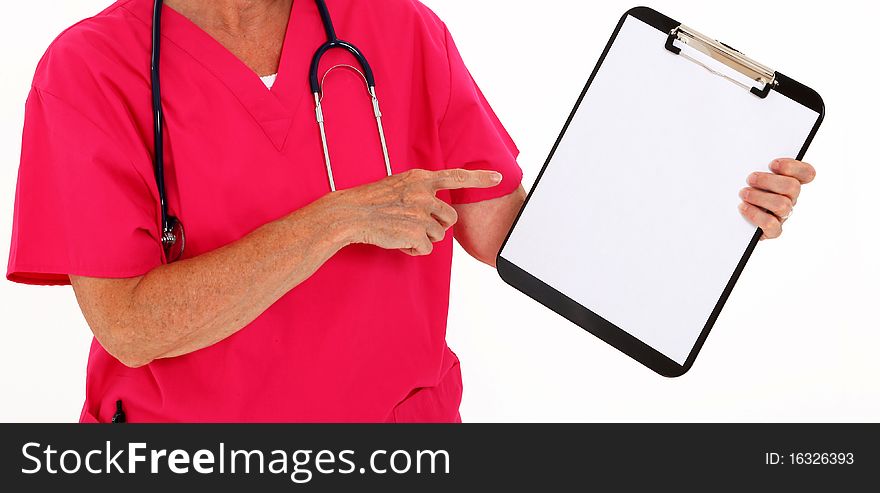 Physician Pointing At Clipboard Over White Background