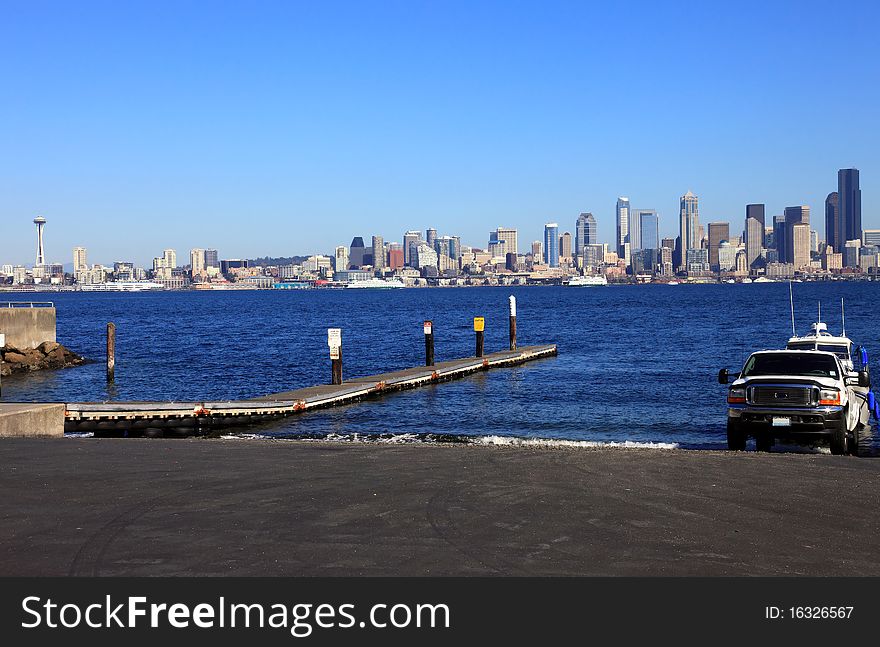 Boat ramp and skyline, Seattle Washington.