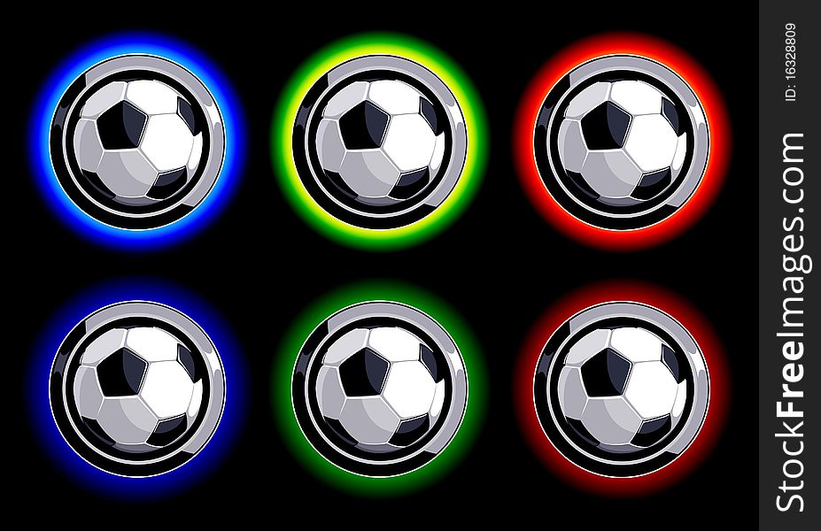 Set of soccer buttons on black background AND COOL neon light