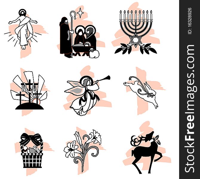 A set of 9 illustrated, stylized religious Sacred Christmas icon