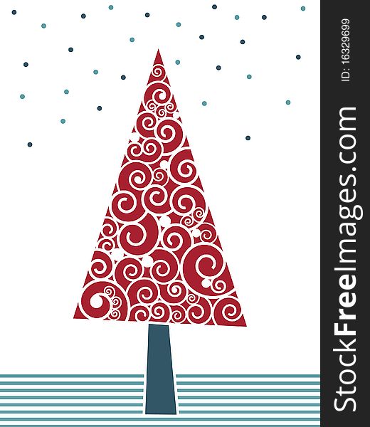 Seasonal red and blue greeting card with tree decoration