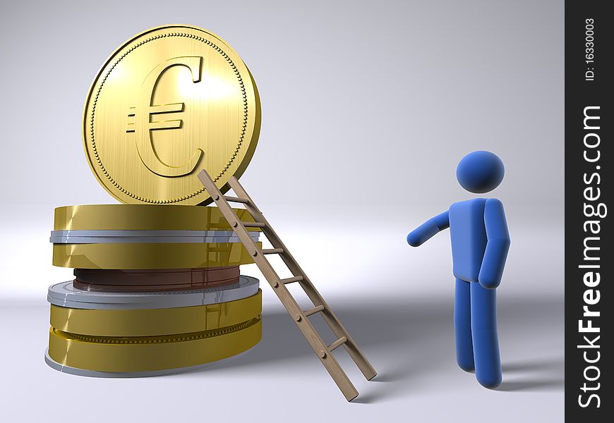 3D figure reaching the dollar using a ladder. 3D figure reaching the dollar using a ladder