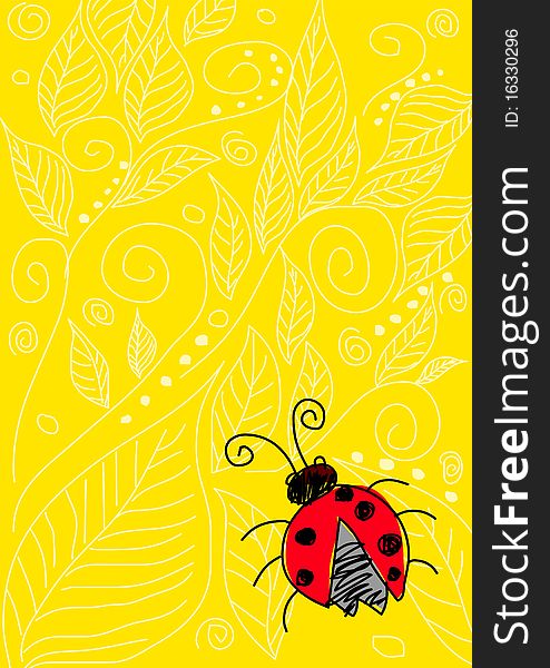 Naive art illustration of a bug on yellow ornament background