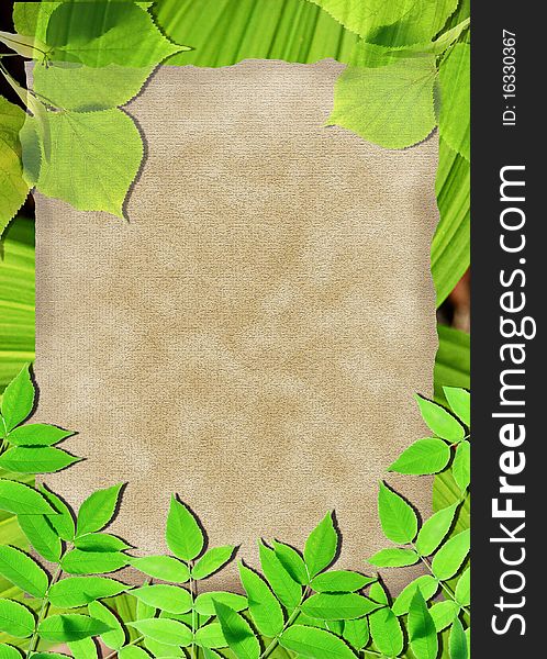 Lined paper framed by natural green leaves background. Lined paper framed by natural green leaves background