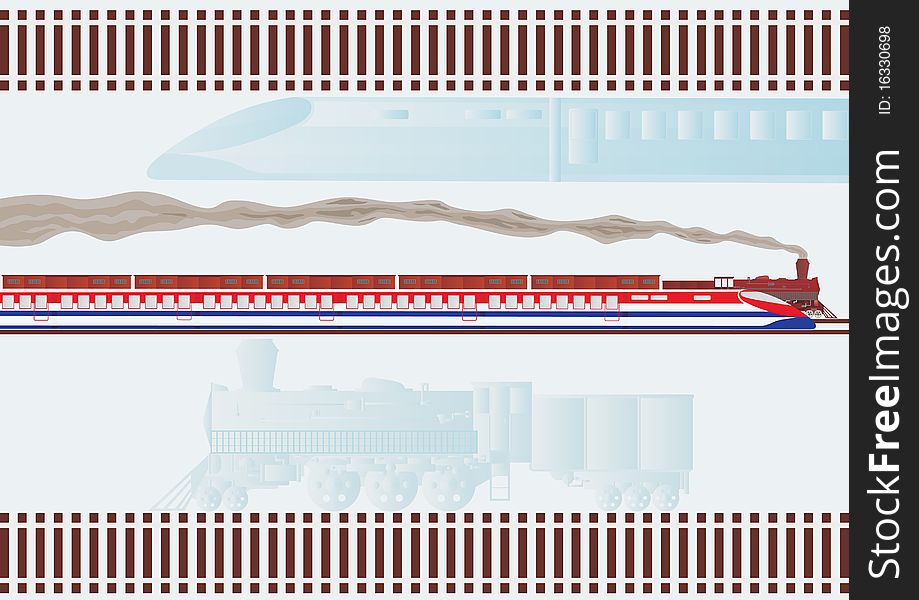 Old freight locomotive and a modern passenger express train speeding along the rails. Old freight locomotive and a modern passenger express train speeding along the rails.