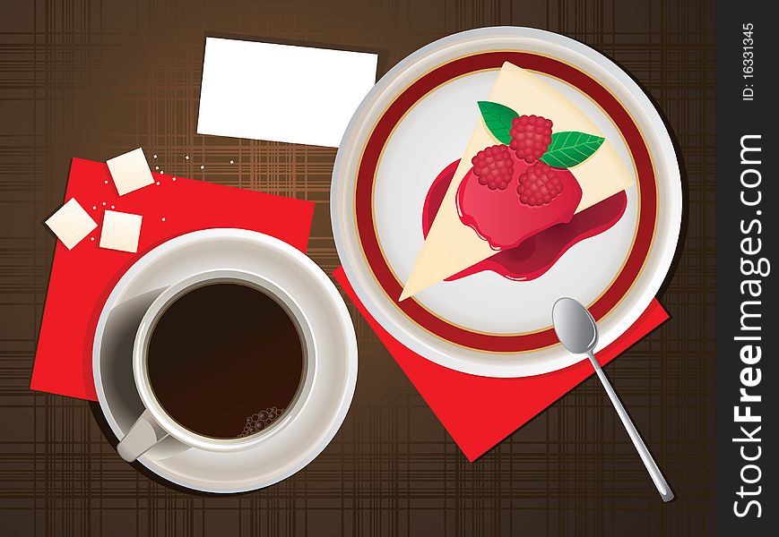 Vector illustration of cup of coffee and cheesecake.