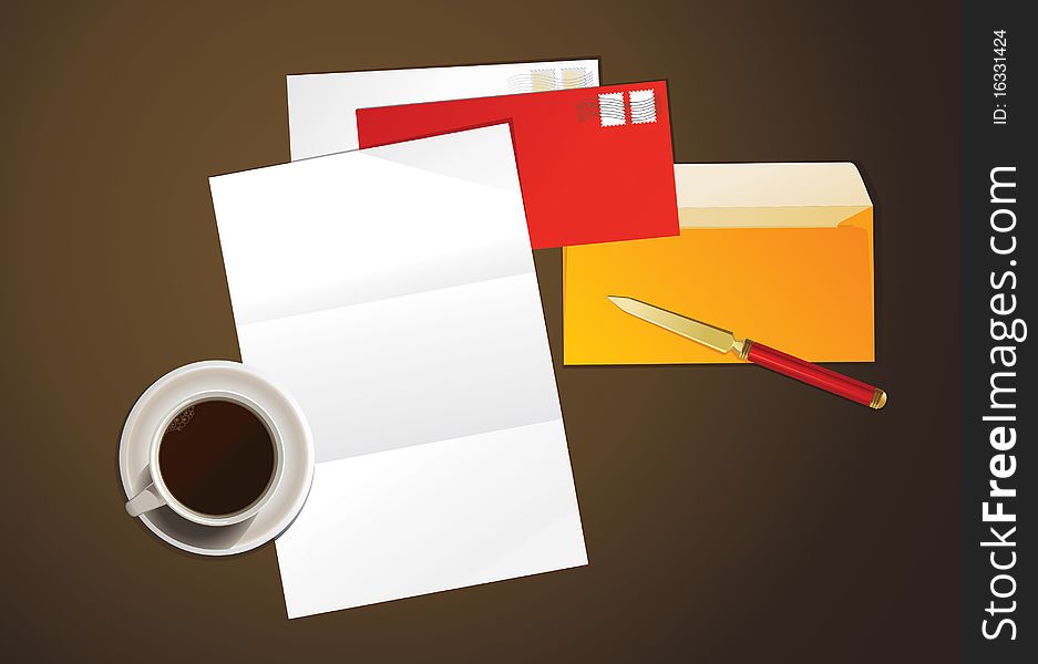 Vector illustration of a letter and cup of coffee.