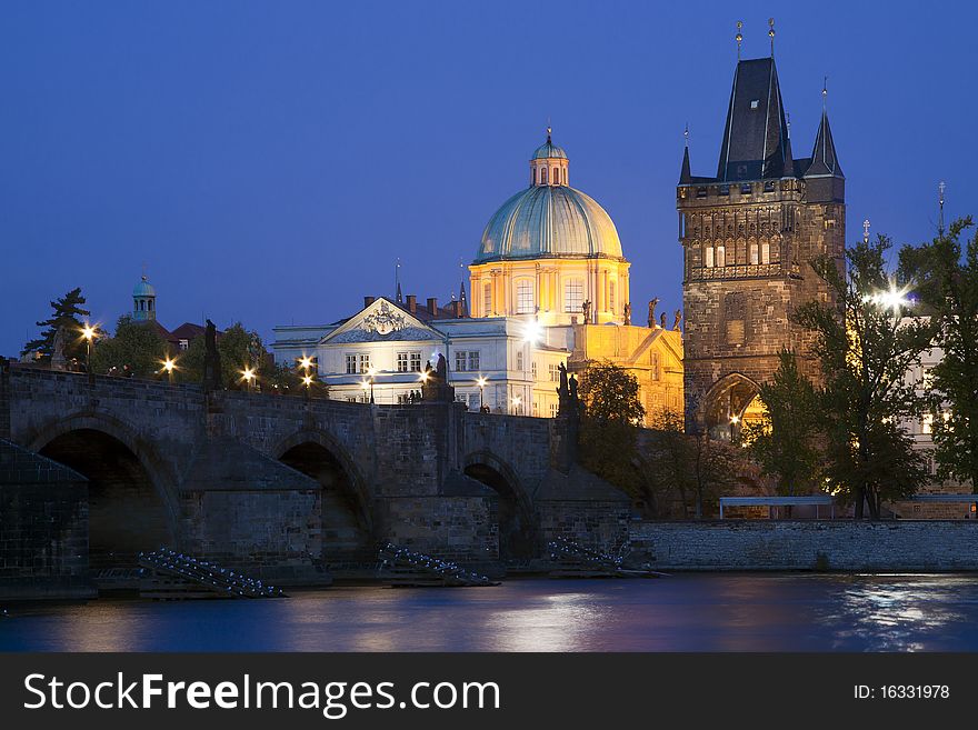 Czech Republic, Prague, Charles Bridge with illuminated. Czech Republic, Prague, Charles Bridge with illuminated