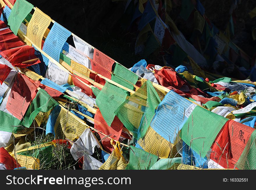 Scenery of colorful prayer flags in Tibet