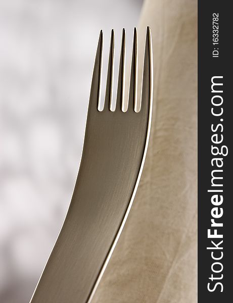 Designer fork in front of light background.