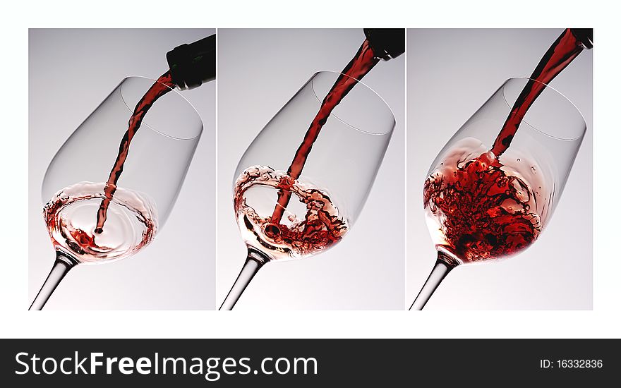 Pouring red vine into glass light background. Pouring red vine into glass light background.