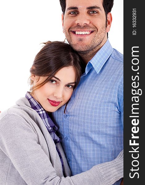 Closeup view of young man hugging woman on an isolated background. Closeup view of young man hugging woman on an isolated background