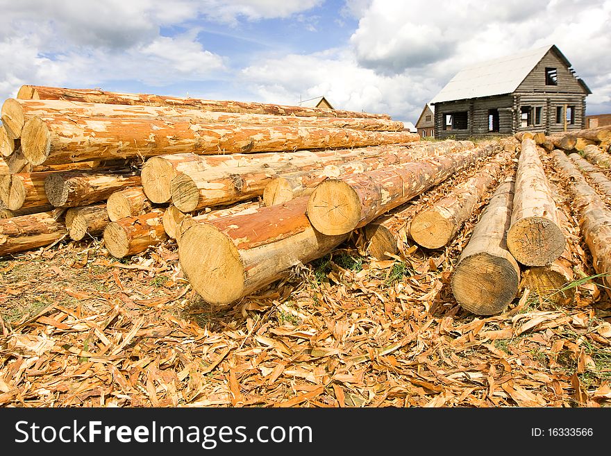 Woodpile In Field And House