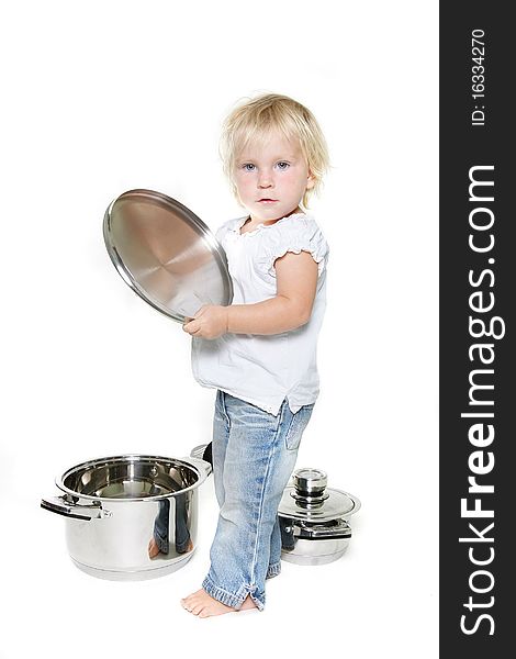 Studio shot of young cute girl with pots, isolated over white