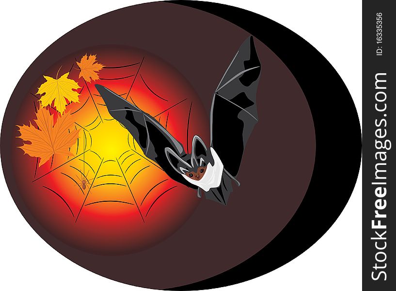Bat with maple leaves and spider. Halloween. Sticker. Illustration