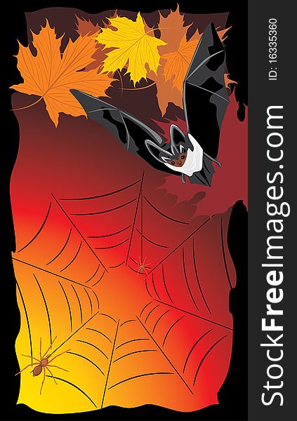 Bat with maple leaves and spiders. Halloween banner. Illustration