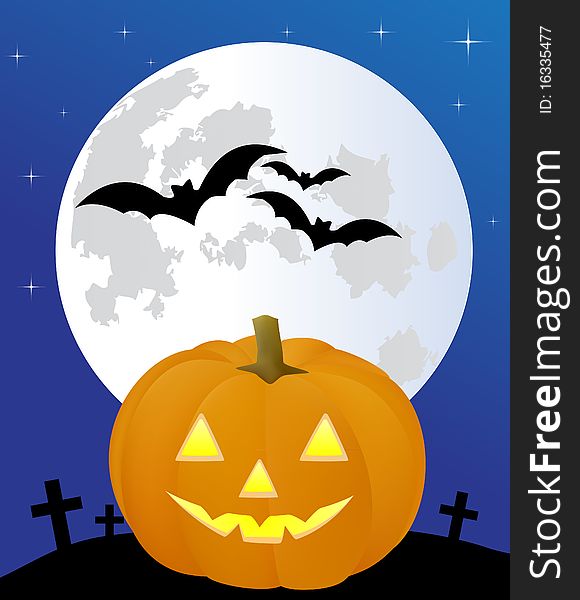Illustration of the full moon with the bats and pumpkin. Illustration of the full moon with the bats and pumpkin
