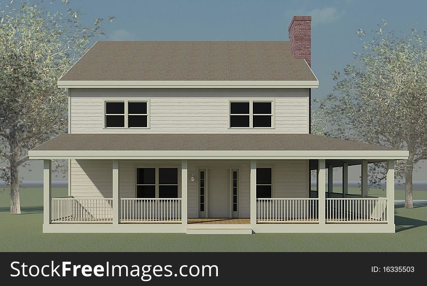 3d Rendering of a farmhouse with trees. 3d Rendering of a farmhouse with trees