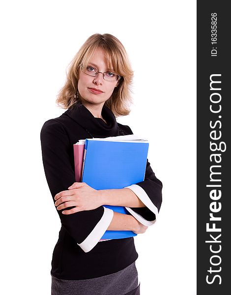 Happy successful business woman is holding folders . Young business girl with documents. Happy successful business woman is holding folders . Young business girl with documents.