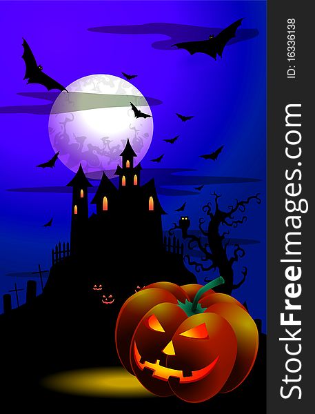 Illustration of scary  halloween night with bat, moon, grave, pumpkin. Illustration of scary  halloween night with bat, moon, grave, pumpkin